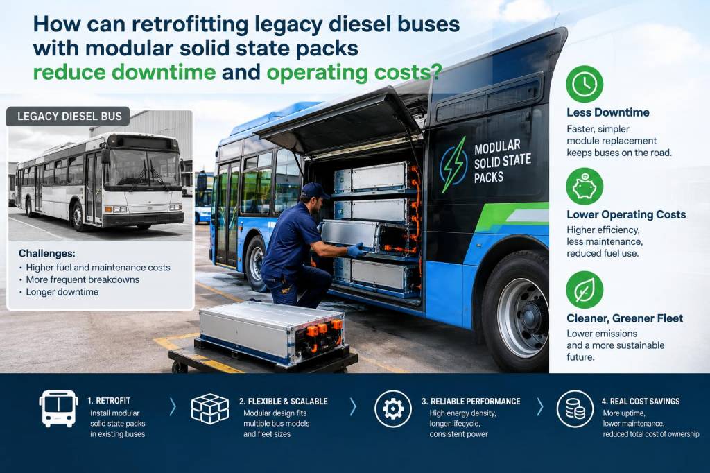 How can retrofitting legacy diesel buses with modular solid-state packs reduce downtime and operating costs?