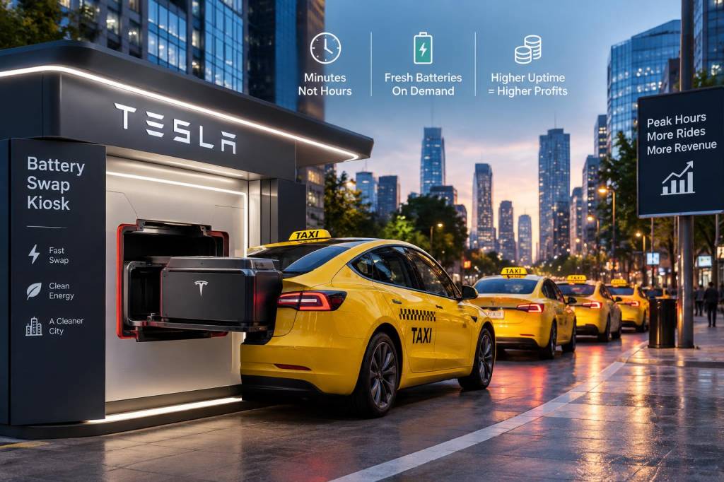 Could tesla's on-street battery swap kiosks make urban taxi fleets profitable during peak hours?